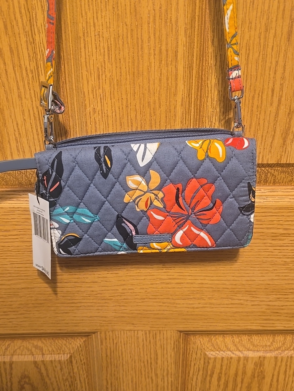 Vera Bradley Gray Quilted Floral Crossbody Wallet with Orange and Red Accents